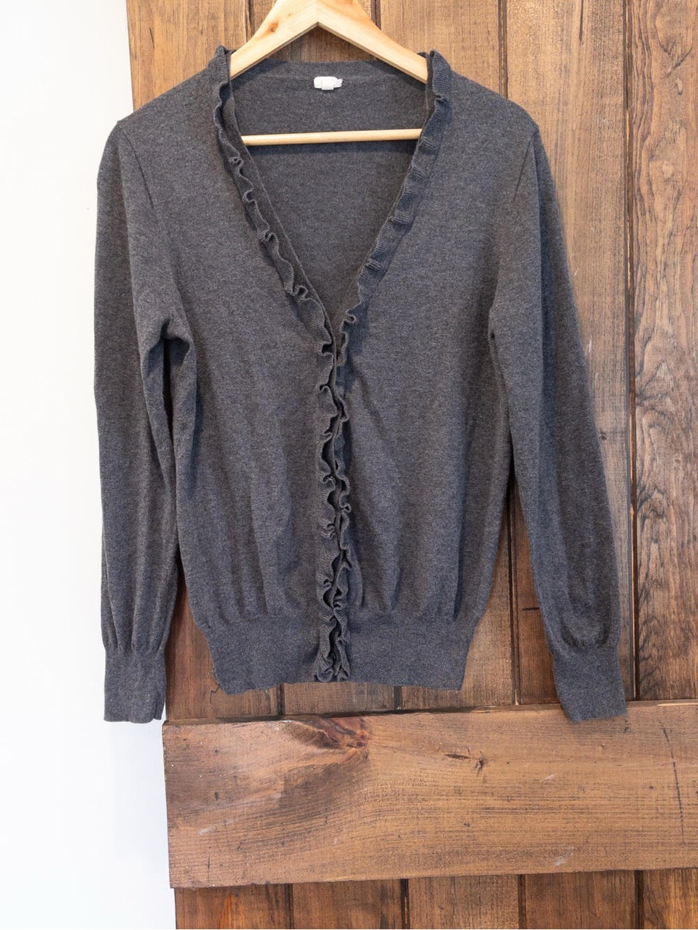 J. Crew Charcoal Gray Ruffle Placket Cotton Cardigan Classic Preppy Feminine